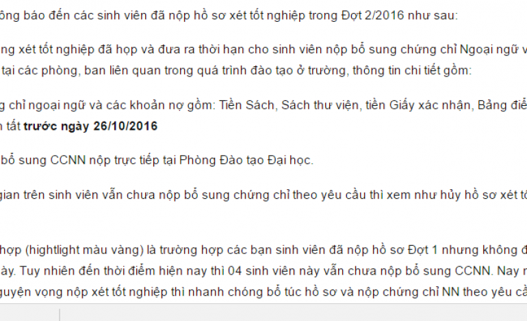 Thông báo v/v Gia hạn Tiếng Anh hồ sơ xét tốt nghiệp Đợt 2/2016