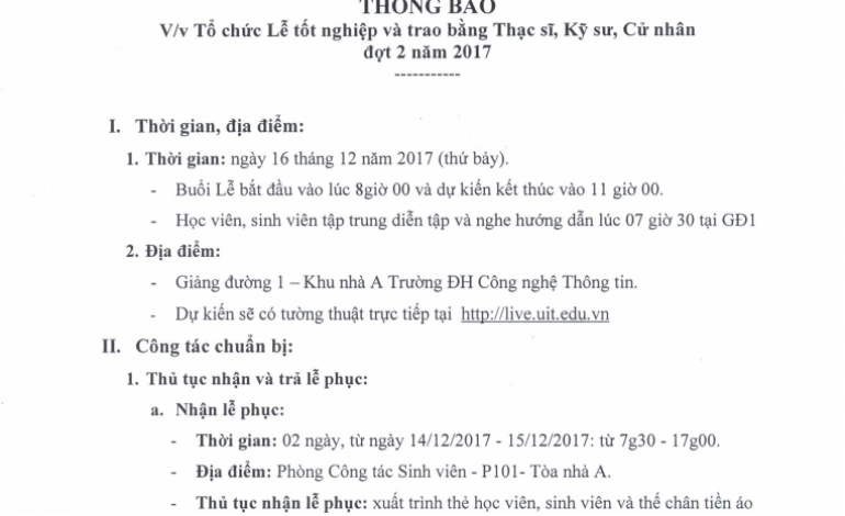 Thông báo tổ chức Lễ tốt nghiệp đợt 2 năm 2017