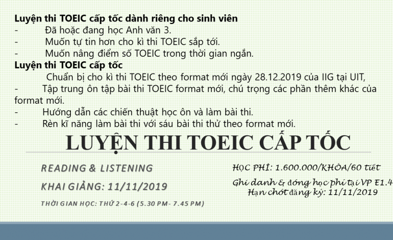 Chiêu sinh lớp luyện thi TOEIC cấp tốc và tổ chức thi lấy chứng chỉ tại UIT (IIG cấp)