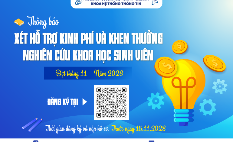 Thông báo triển khai xét hỗ trợ kinh phí và khen thưởng NCKH sinh viên đợt tháng 11 năm 2023