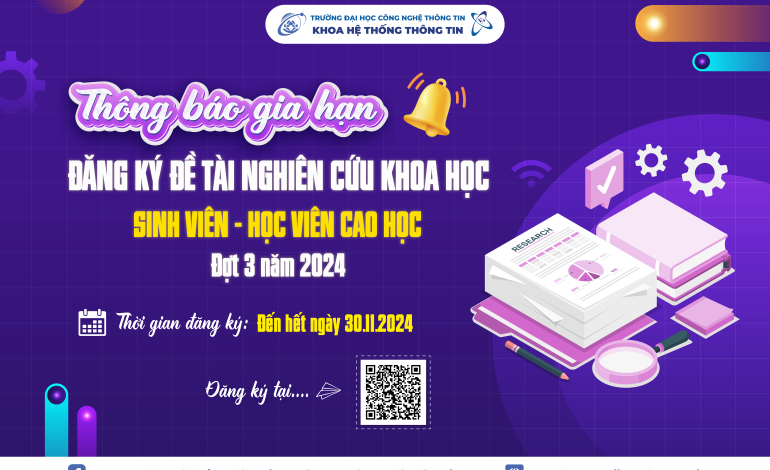 Thông báo về việc gia hạn thời gian đăng ký đề tài nghiên cứu khoa học sinh viên, học viên cao học đợt 3 năm 2024